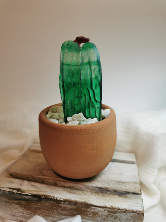 Maceta de barro con cactus de vidrio importado